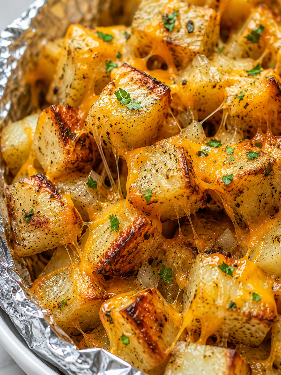 Ultimate Grilled Cheesy Garlic Potatoes, plated and served