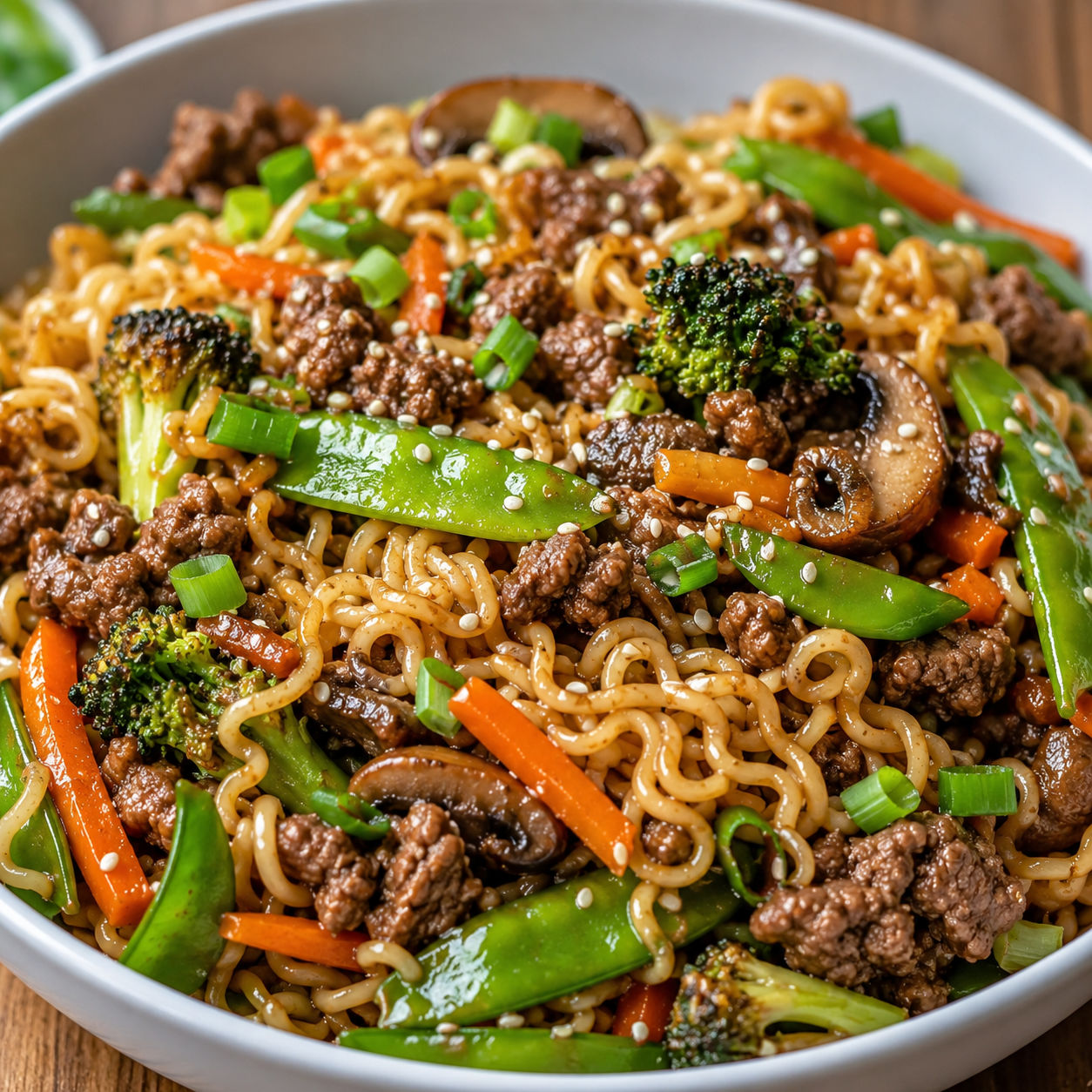 Healthy beef ramen noodles with broccoli, carrots, snow peas, and sesame seeds