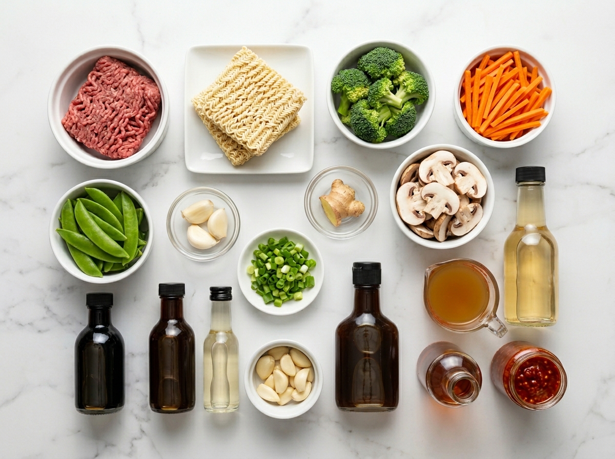 Ingredients for healthy beef ramen noodles with vegetables and sauce components
