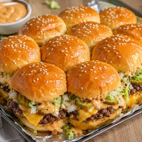 Big Mac sliders with melted cheese, lettuce, pickles, and special sauce