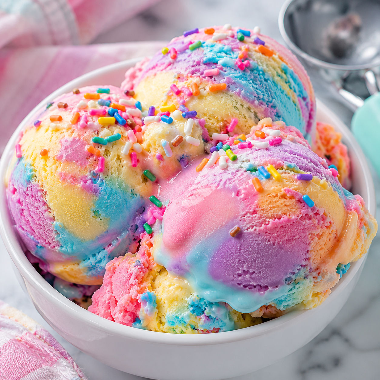 Rainbow ice cream scoops with sprinkles in a white bowl
