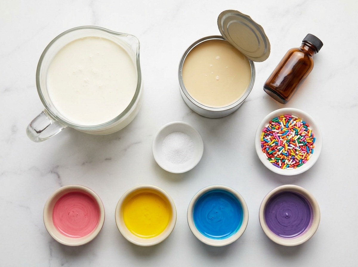 Ingredients for rainbow ice cream with cream, vanilla, colors, and sprinkles