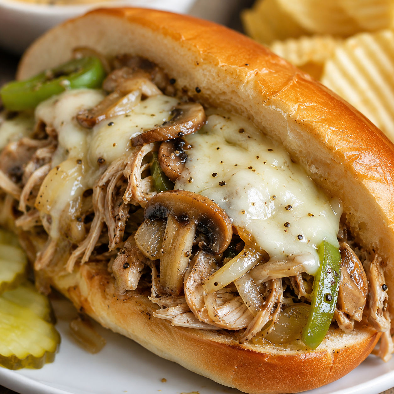 Slow cooker chicken cheesesteak with peppers, mushrooms, and melted provolone