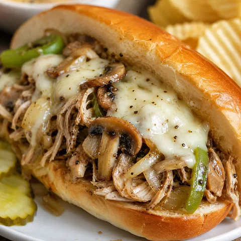 Slow cooker chicken cheesesteak with peppers, mushrooms, and melted provolone