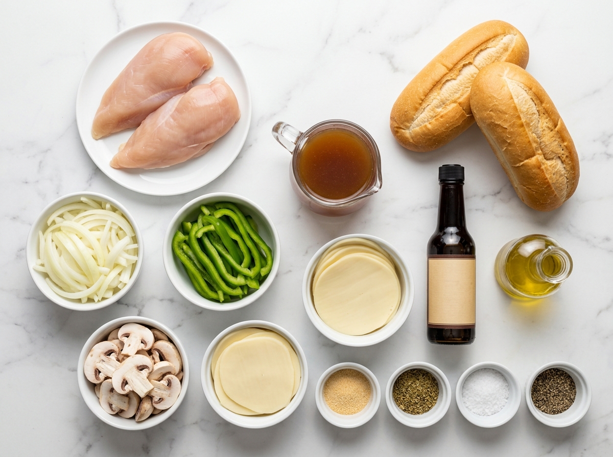 Chicken cheesesteak ingredients with rolls, vegetables, broth, and provolone