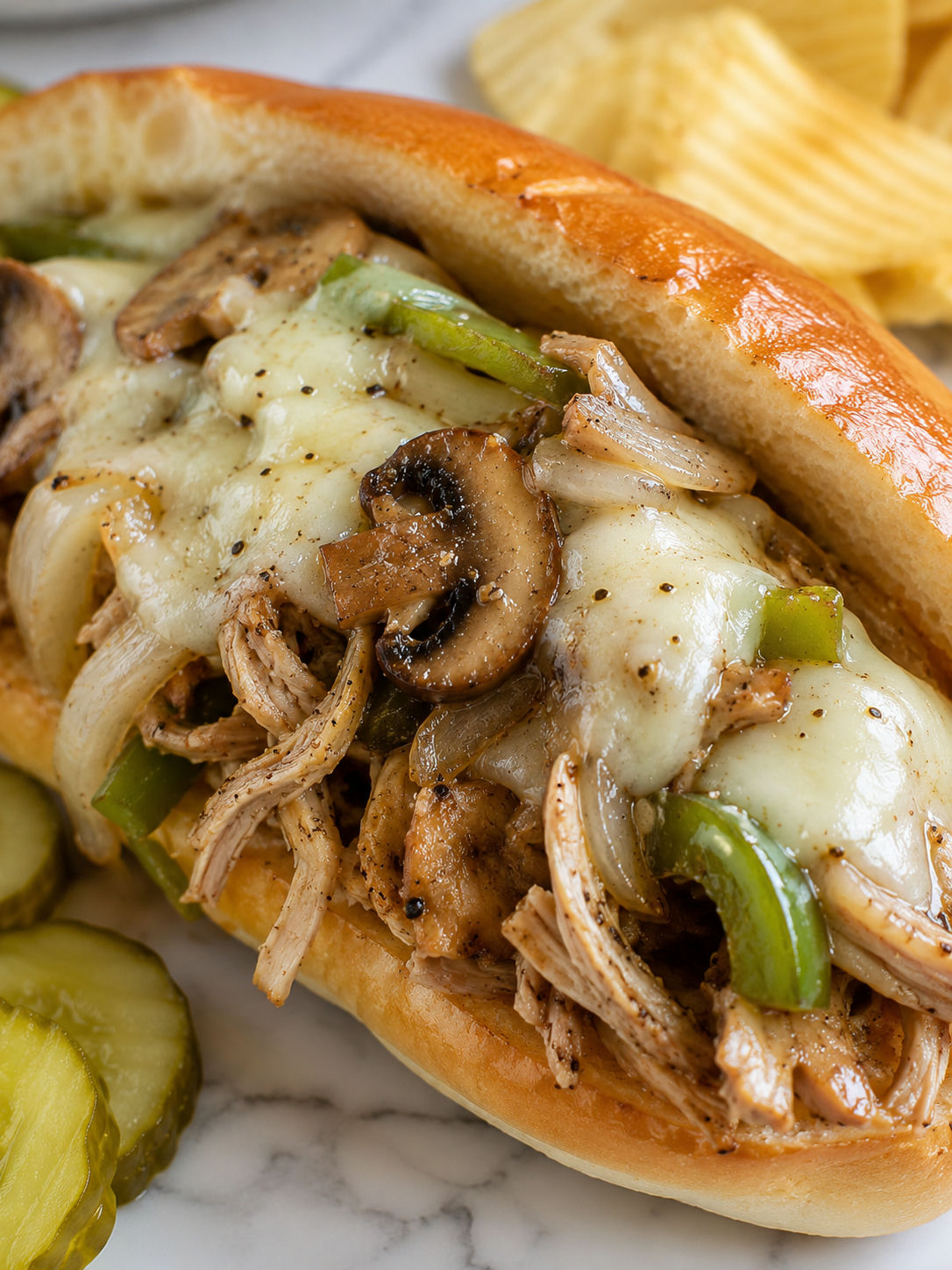 Ultimate Lazy Slow Cooker Chicken Cheesesteak, plated and served