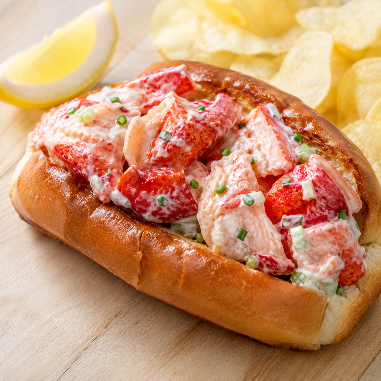 Ultimate lobster roll in a toasted split-top bun with chives and lemon