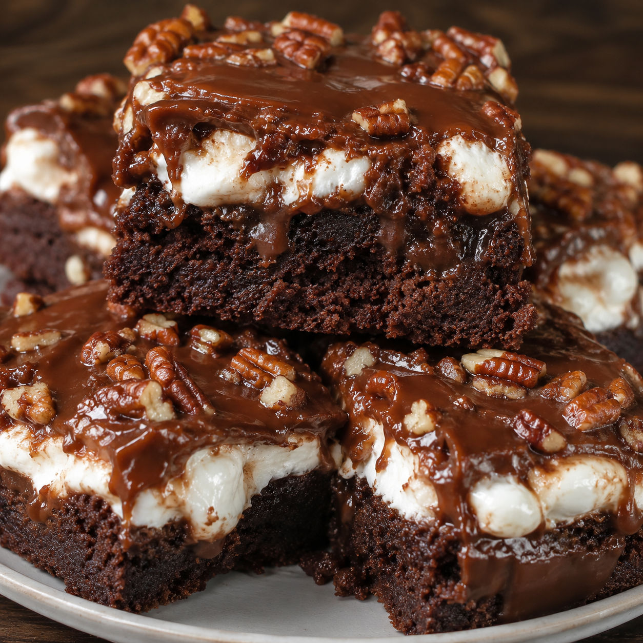Mississippi mud cake brownies with marshmallows, pecans, and chocolate icing
