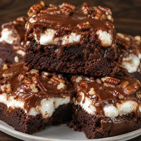 Mississippi mud cake brownies with marshmallows, pecans, and chocolate icing