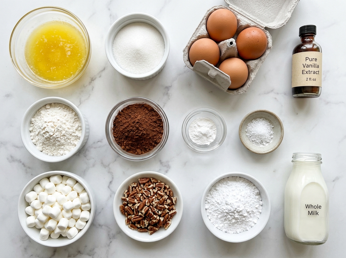 Ingredients for Mississippi mud cake brownies with cocoa, marshmallows, and pecans