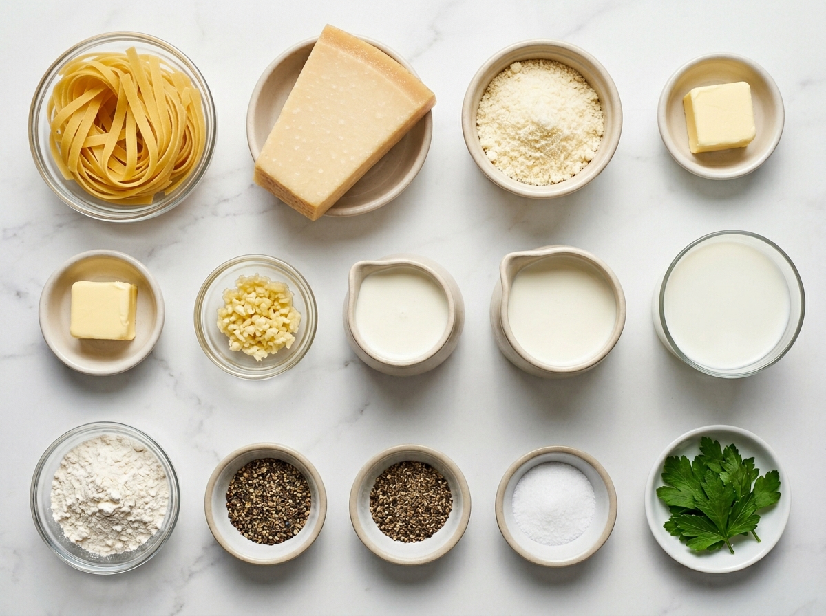 Fettuccine, Parmesan, cream, butter, garlic, and parsley for Alfredo pasta