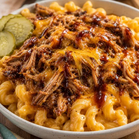 Baked pulled pork mac and cheese with melted cheddar and BBQ drizzle in a casserole dish