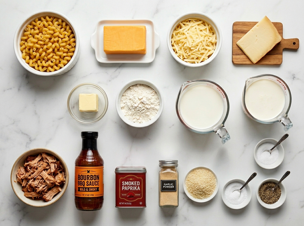 Raw ingredients for pulled pork mac and cheese arranged on a wooden surface