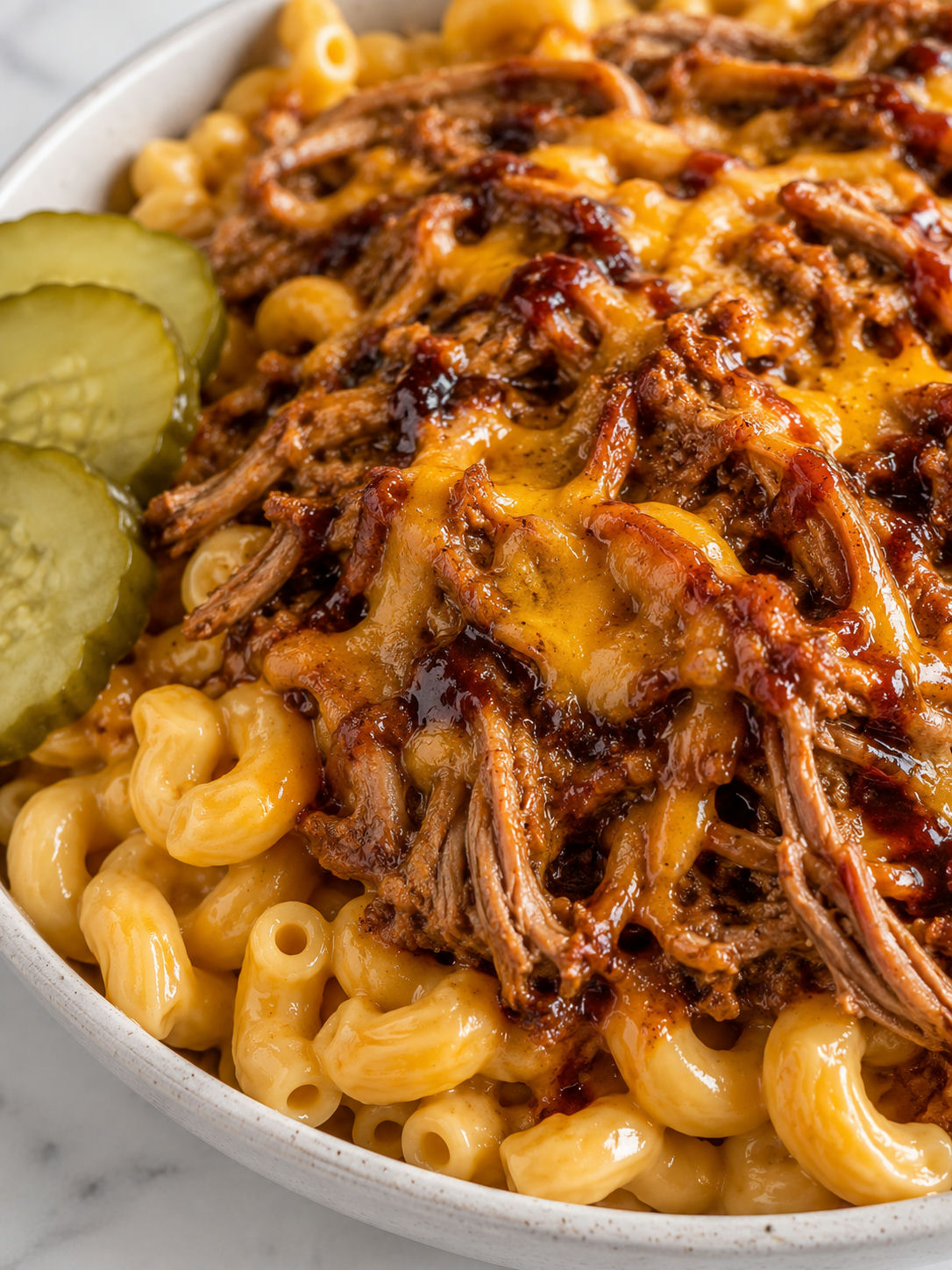 Ultimate Pulled Pork Mac and Cheese, plated and served