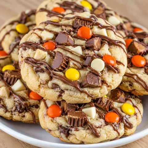 Reese's cheesecake cookies with candy pieces and chocolate drizzle