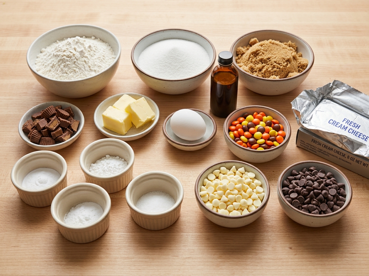 Ingredients for Reese's cheesecake cookies on a wooden counter