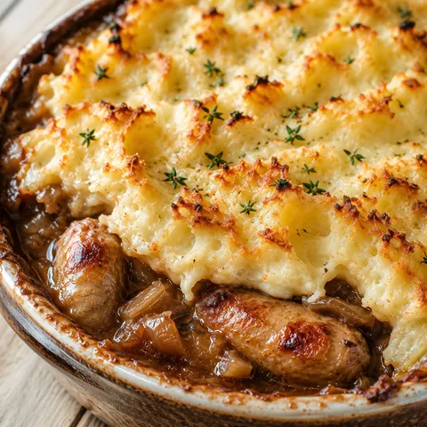 Baked sausage and mash pie with golden crispy potato topping and onion gravy