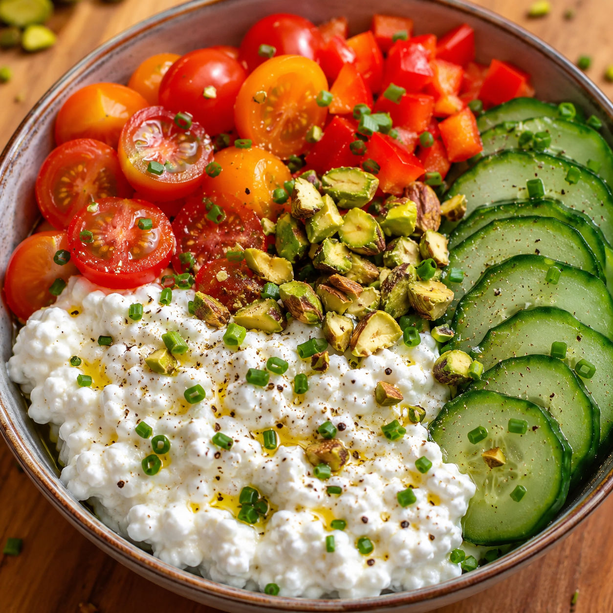 Savory cottage cheese bowl with cucumbers, tomatoes, chives, and pistachios