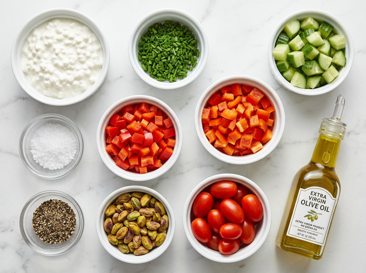 Ingredients for a savory cottage cheese bowl with vegetables and pistachios