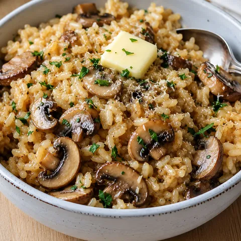 Savory mushroom rice with parsley and Parmesan in a white bowl