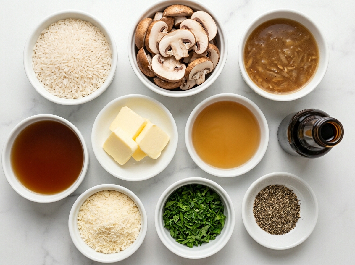 Ingredients for savory mushroom rice with mushrooms, rice, soups, butter, and Parmesan