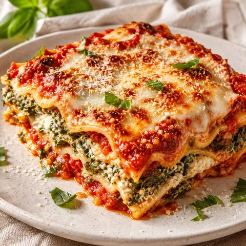 Spinach lasagna slice with ricotta, mozzarella, parmesan, and tomato sauce