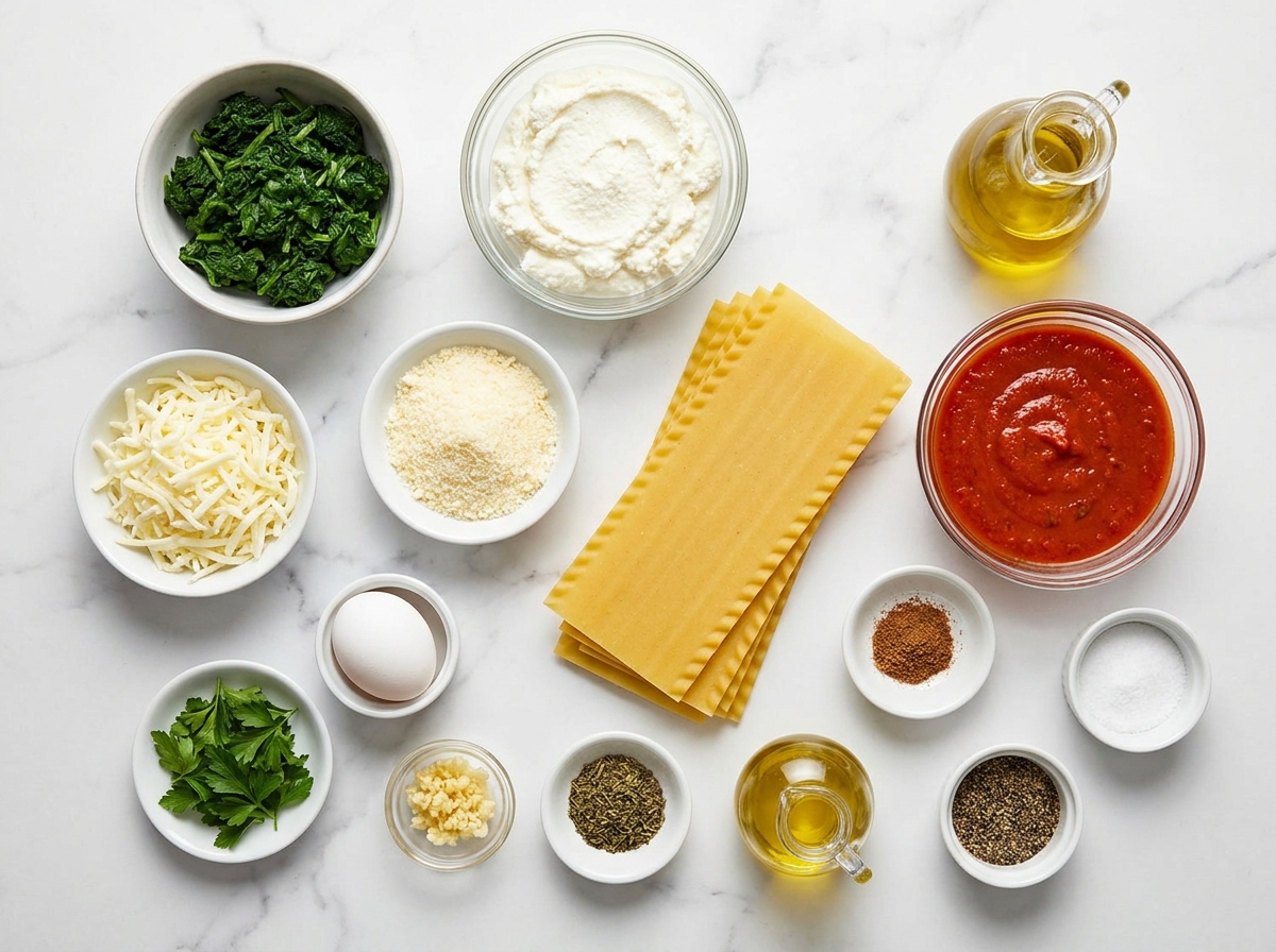Ingredients for spinach lasagna with ricotta, mozzarella, parmesan, and noodles