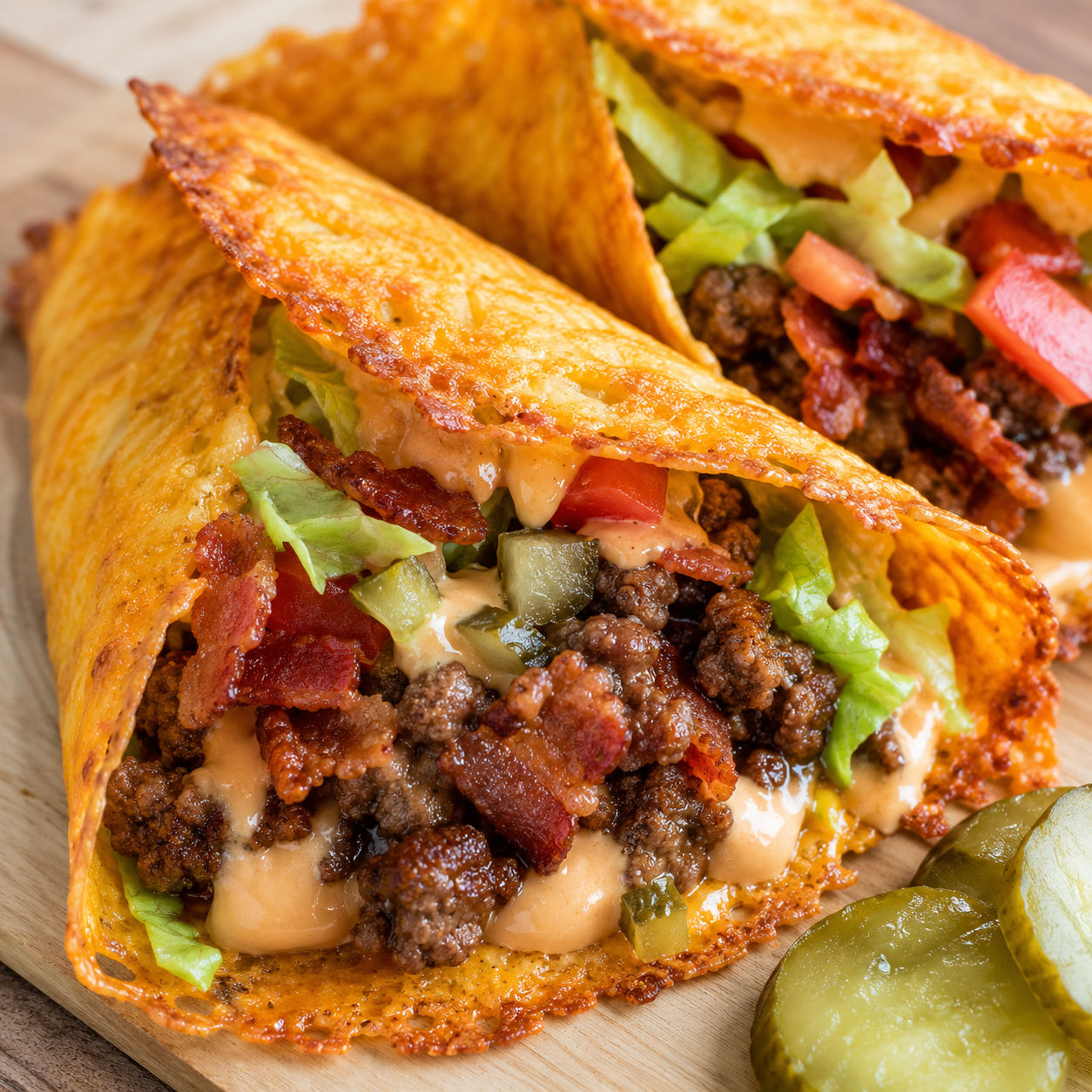 Cheddar cheese wraps filled with beef, bacon, pickles, lettuce, and sauce