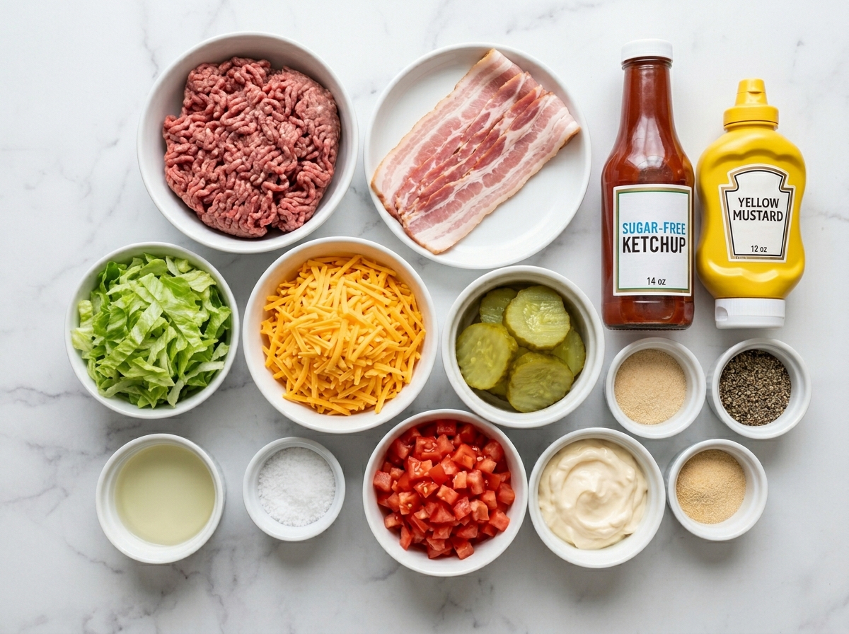 Ingredients for low-carb bacon cheeseburger cheese wraps on a wooden surface