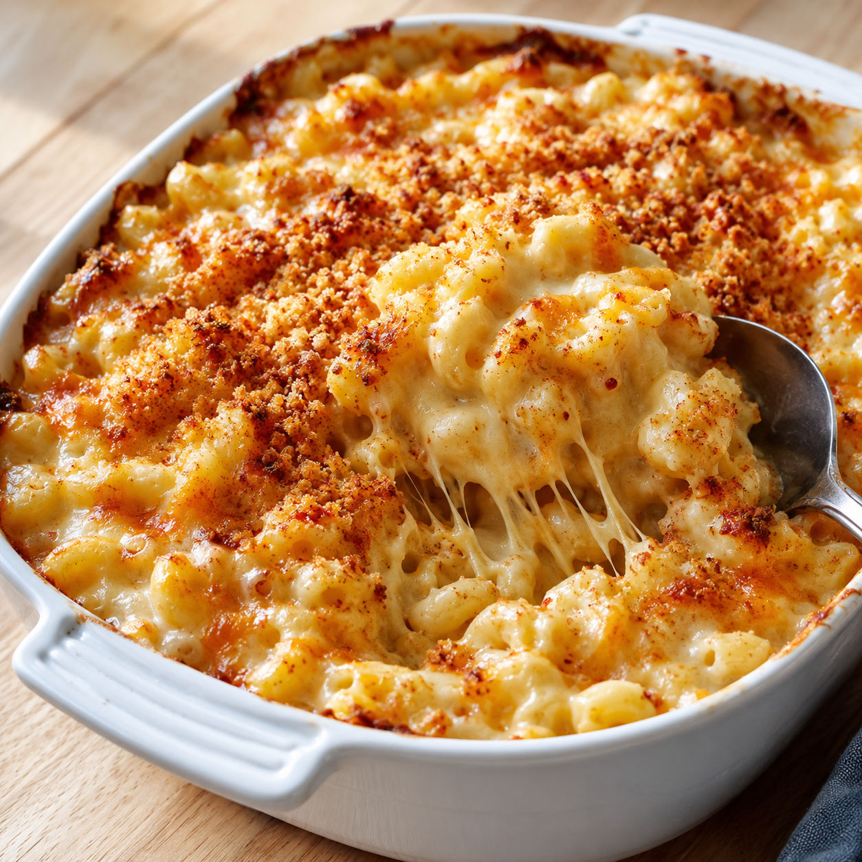 Five cheese macaroni bake with golden topping and creamy cheese sauce