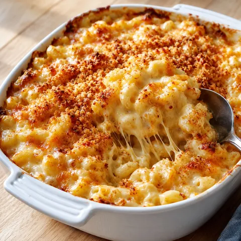Five cheese macaroni bake with golden topping and creamy cheese sauce