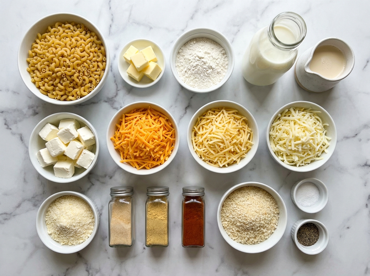 Ingredients for five cheese macaroni bake with pasta, cheeses, milk, and spices