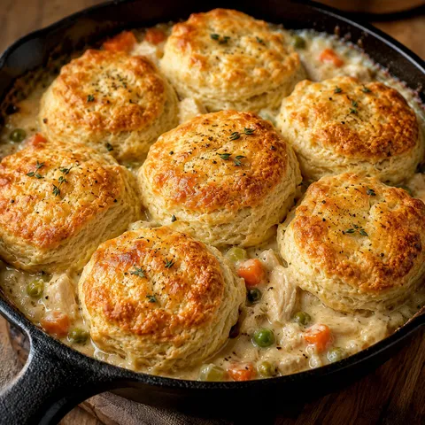 Golden biscuit-topped chicken pot pie bake in a cast-iron skillet with thyme