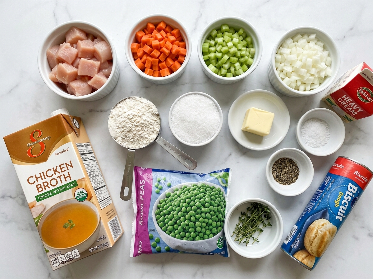 Raw ingredients for chicken pot pie bake on a wooden board
