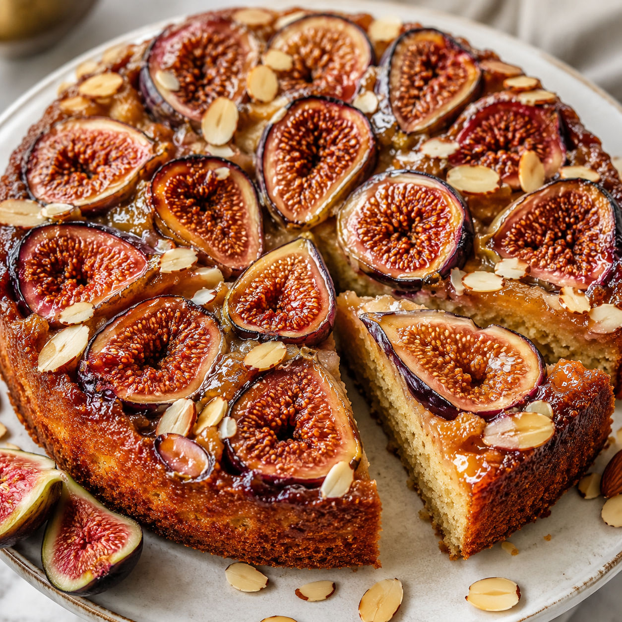 Upside Down Almond Fig Cake with glossy caramelized figs on top