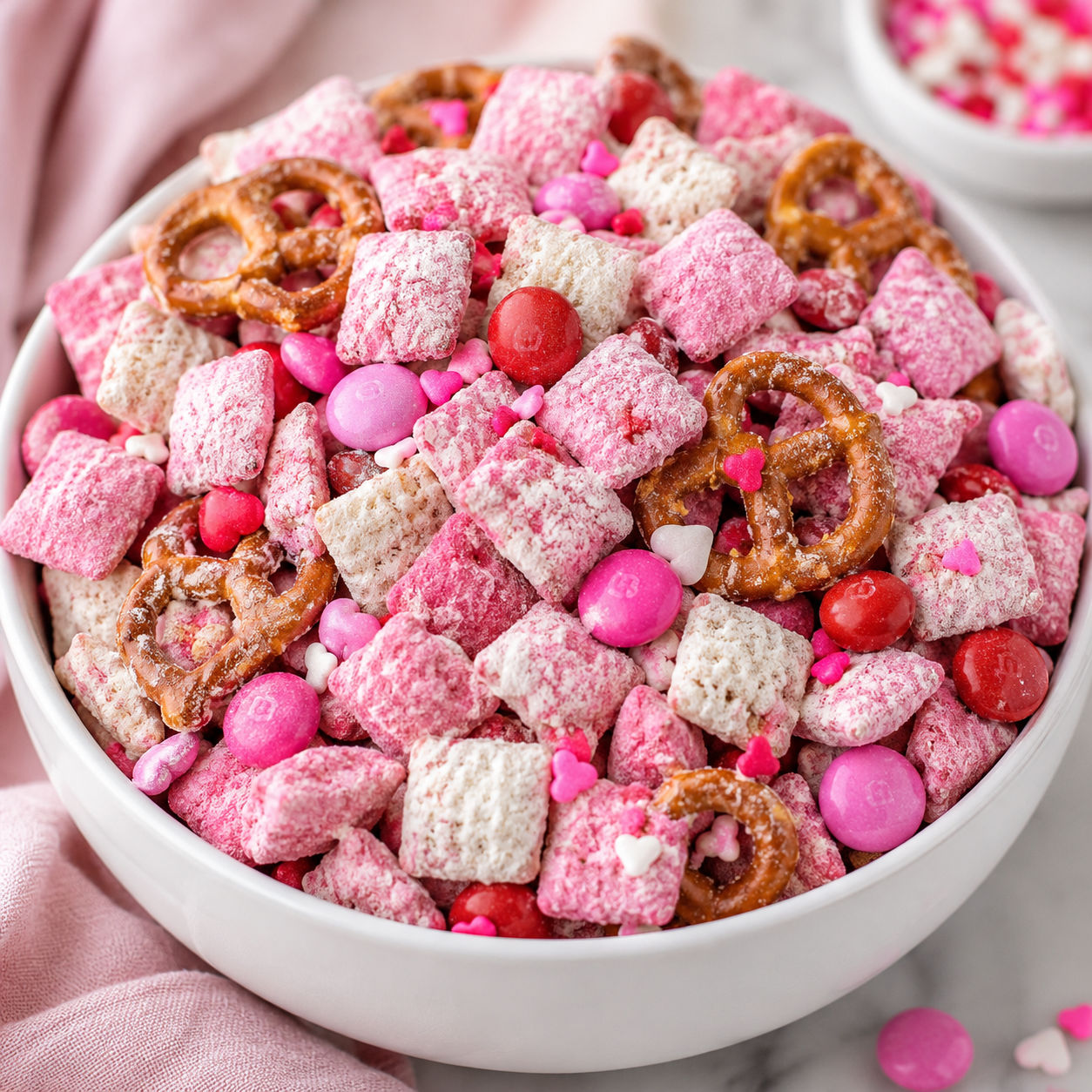 Valentine puppy chow mix with pink cereal, pretzels, candies, and sprinkles