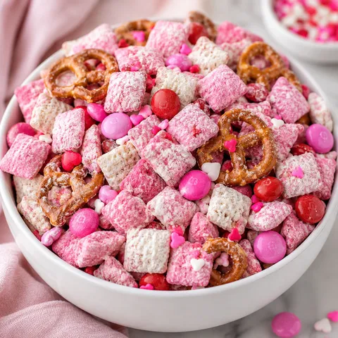 Valentine puppy chow mix with pink cereal, pretzels, candies, and sprinkles
