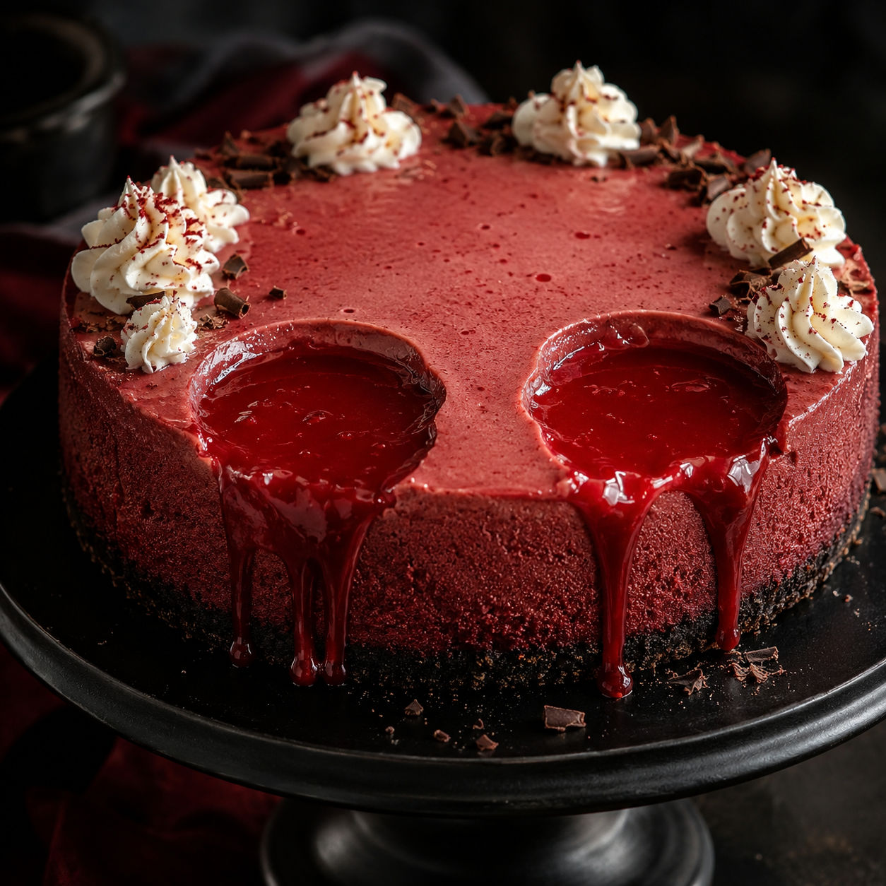 Vampire Bite Red Velvet Cheesecake with raspberry drips and chocolate crust