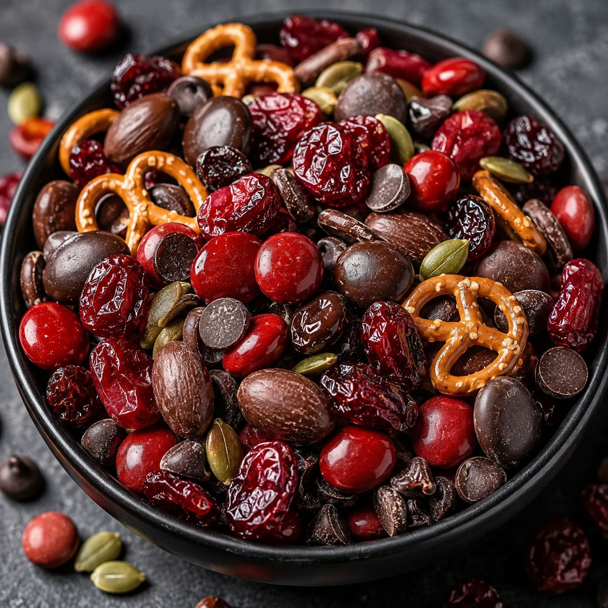 Vampire Bite Trail Mix with cranberries, chocolate, pretzels, and red candy