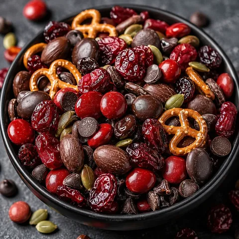Vampire Bite Trail Mix with cranberries, chocolate, pretzels, and red candy