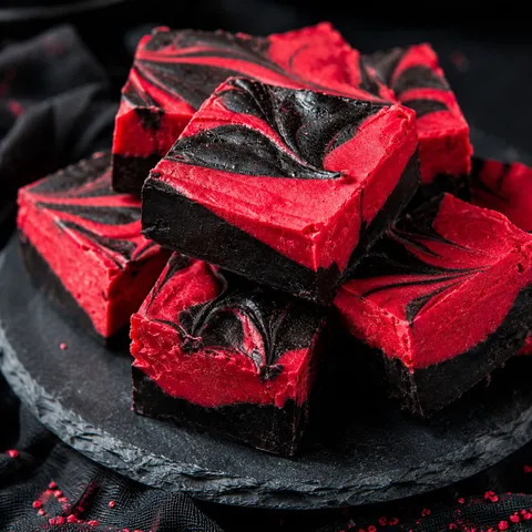 Red and black swirled Vampire Fudge squares on a dark plate