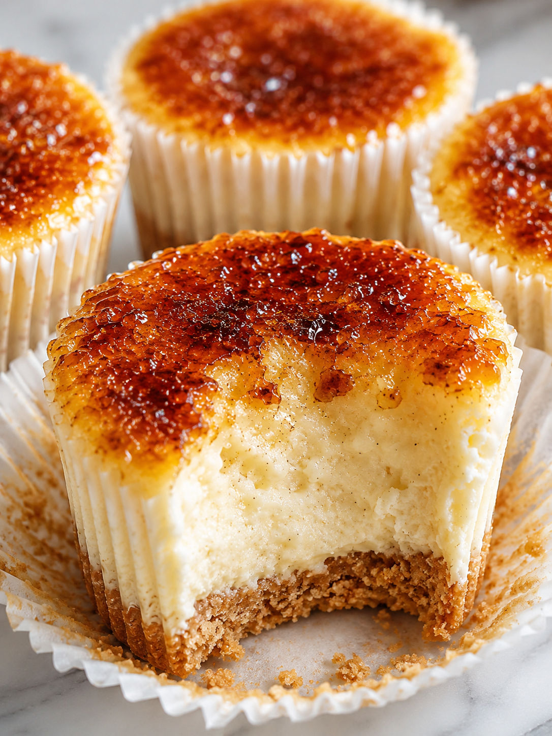 Vanilla Bean Crème Brûlée Cheesecake Cupcakes, plated and served