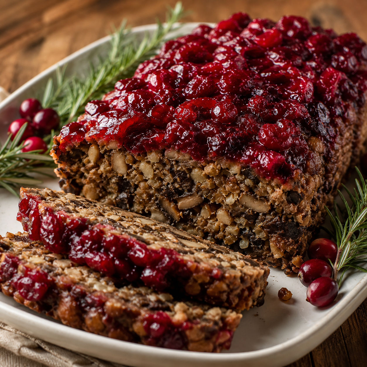 Vegan holiday roast with cranberry glaze sliced on a white platter