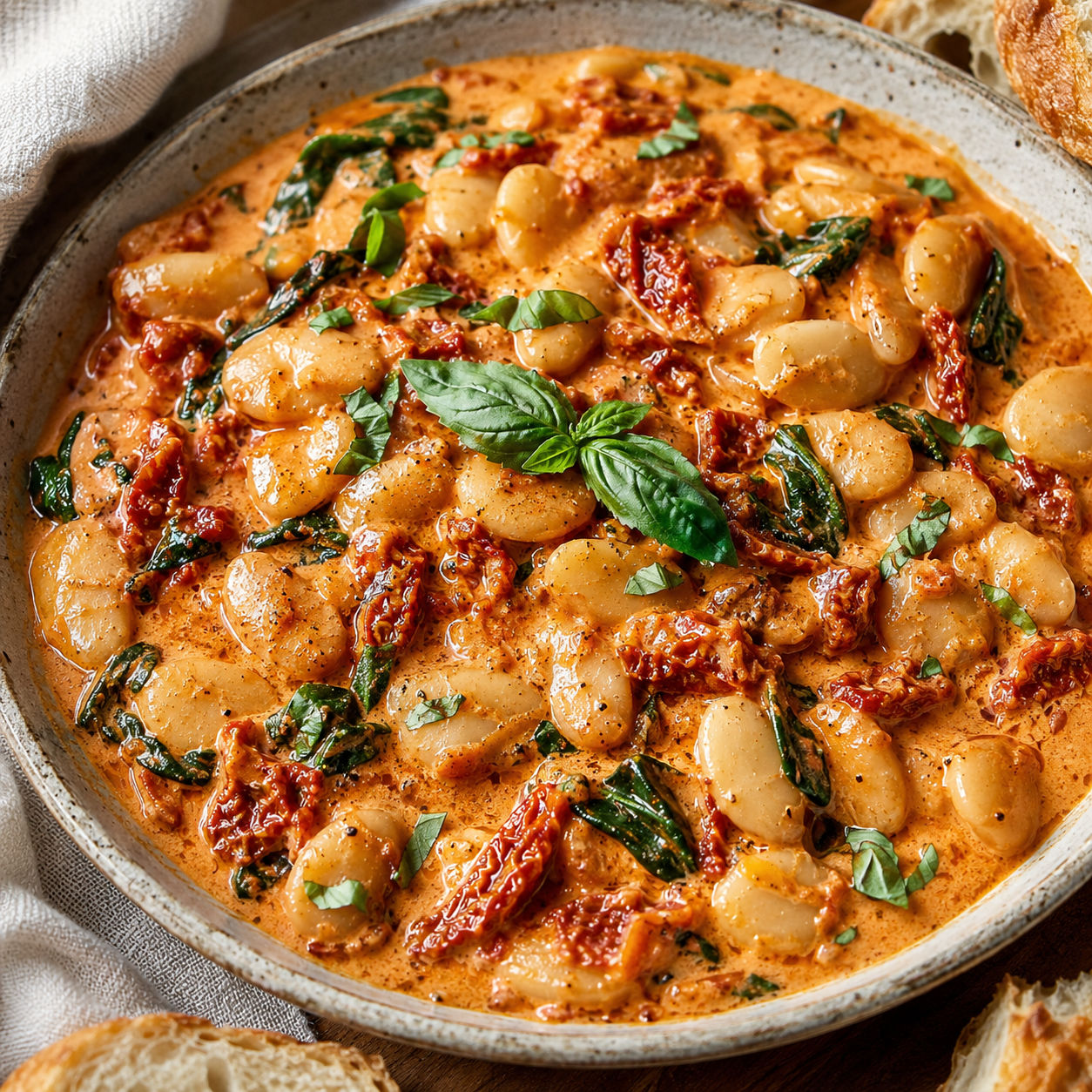 Vegan marry me butter beans in a rustic bowl with basil and spinach