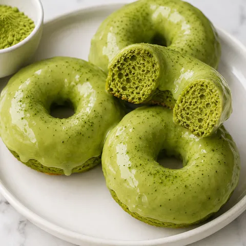 Vegan matcha donuts with glossy green glaze on a white plate