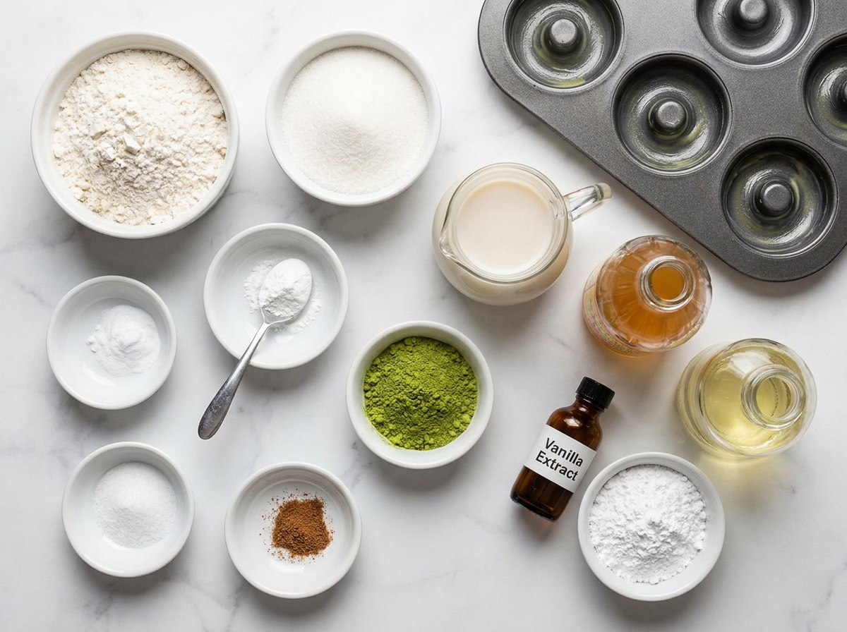 Ingredients for vegan matcha donuts with matcha powder and donut pan