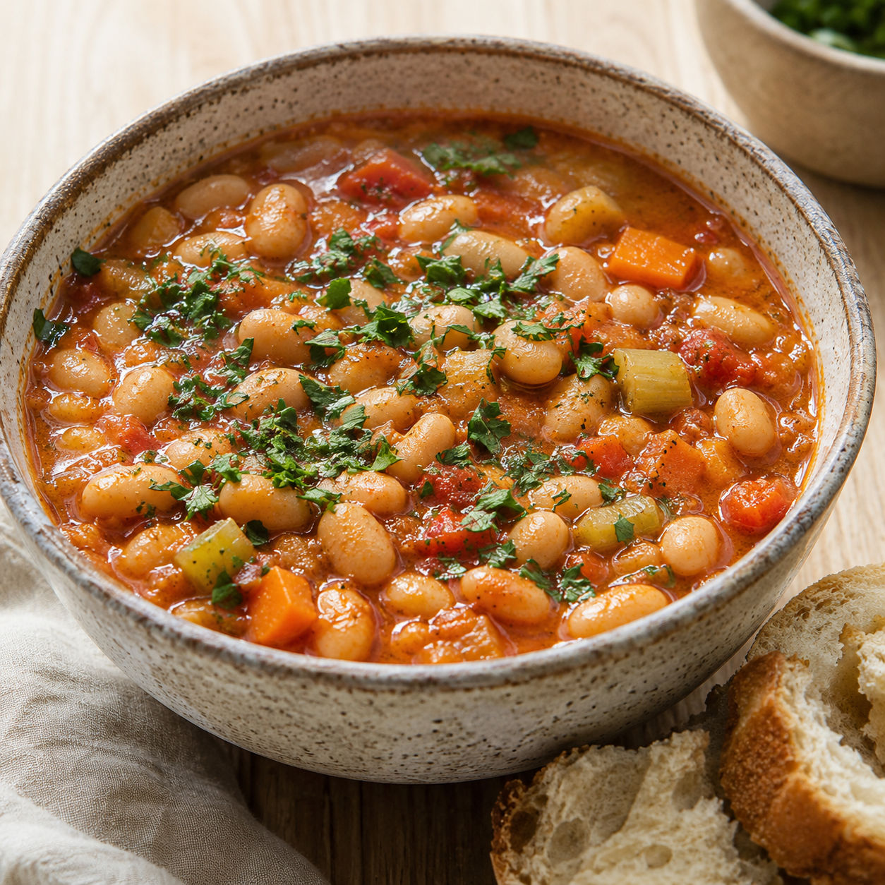 Vegan Serbian white bean soup with parsley in a rustic bowl