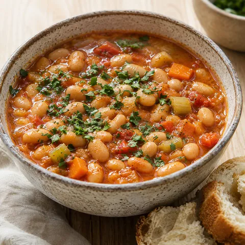 Vegan Serbian white bean soup with parsley in a rustic bowl