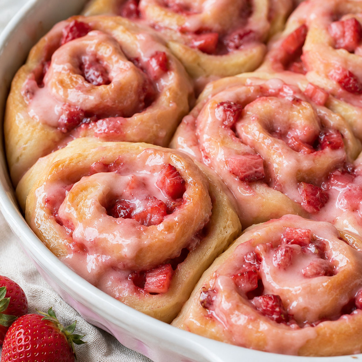 Vegan strawberry sweet rolls with pink glaze in a ceramic baking dish