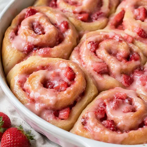 Vegan strawberry sweet rolls with pink glaze in a ceramic baking dish